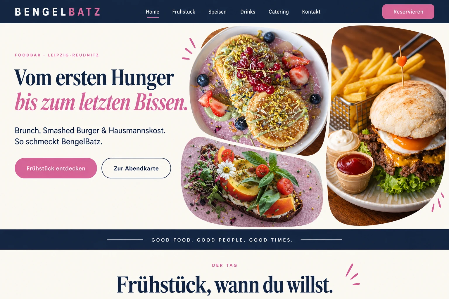 Collage aus Pistachio Pancakes, Burrata Bread und Burger mit Pommes