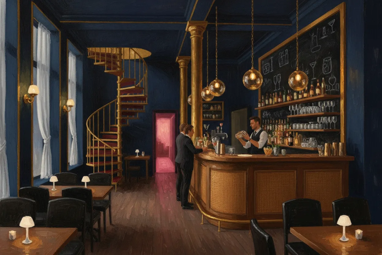 Gemaltes Bild: Die BengelBatz-Bar bei Nacht — Kreidetafel, goldene Wendeltreppe und Kugellampen