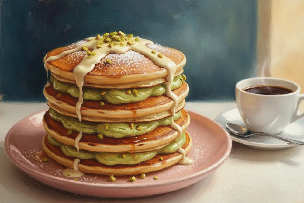 Gemaltes Bild: Pistachio Pancakes auf rosa Teller mit Kaffee