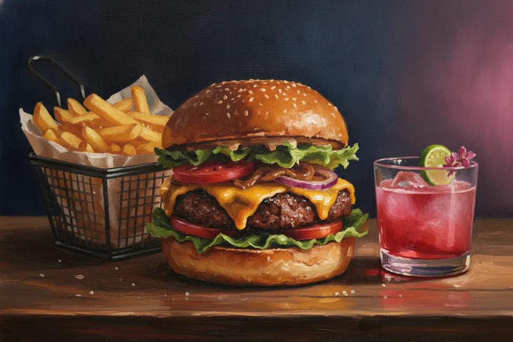 Gemaltes Bild: Smashed Burger mit Super Crunch Fries und Cocktail