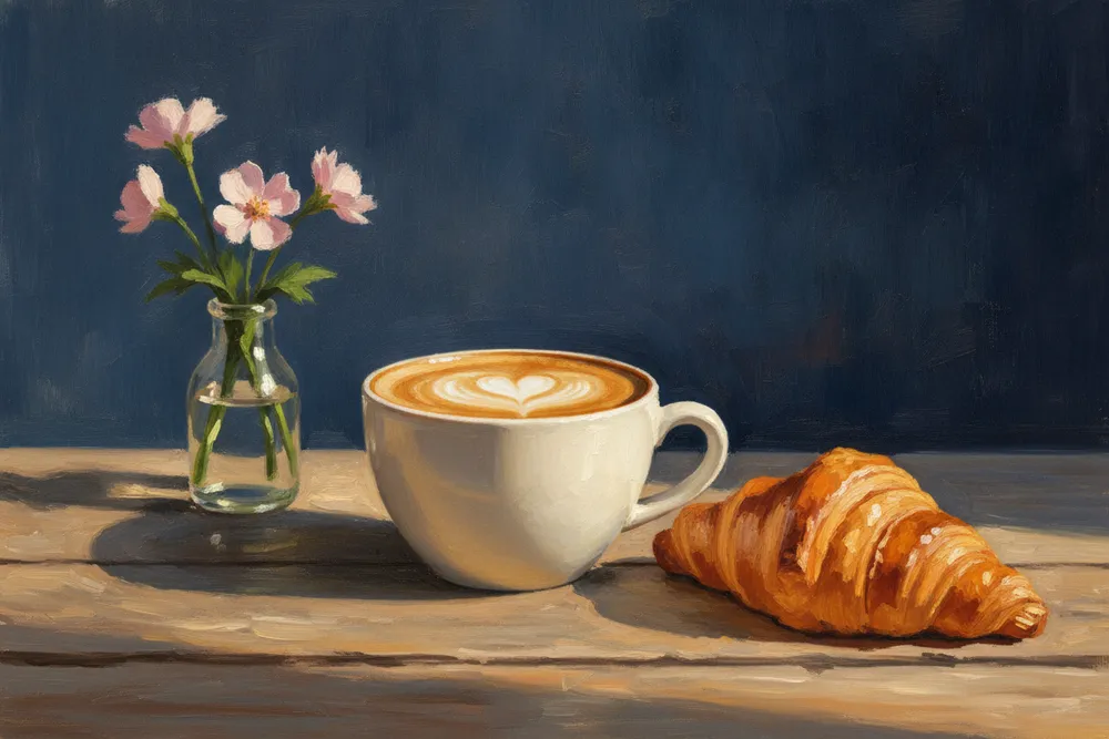 Gemaltes Bild: Cappuccino mit Croissant im Morgenlicht